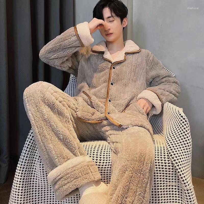 

Men's Sleepwear Autumn Winter Coral Fleece Pajamas Sets For Men 2Piece /Set Comfortable Loose Casual Turn-Down Collar Pijamas Suits, Color1