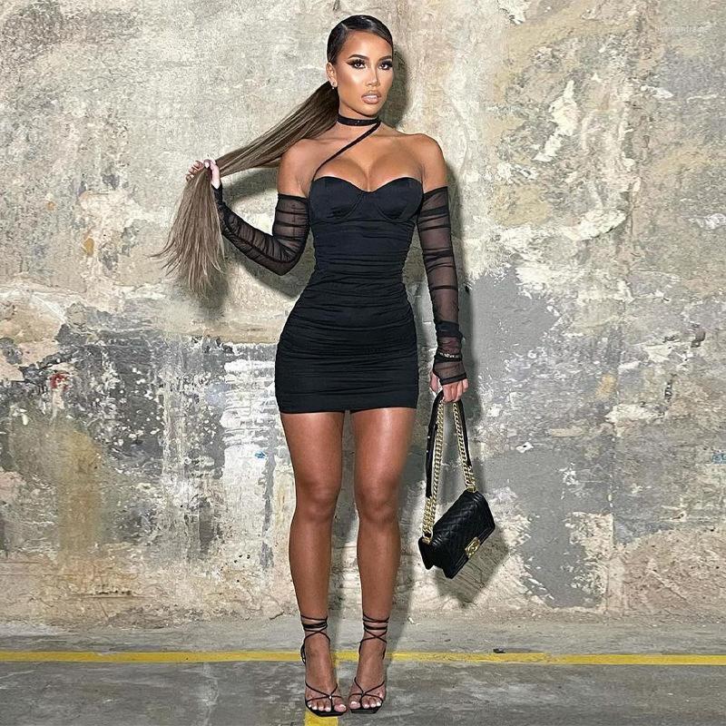 

Casual Dresses TYJTJY Mesh Strapless Women Dress Fashion Off-shoulder Zipper Backless Bodycon Sexy Night Club Party Mini, Black