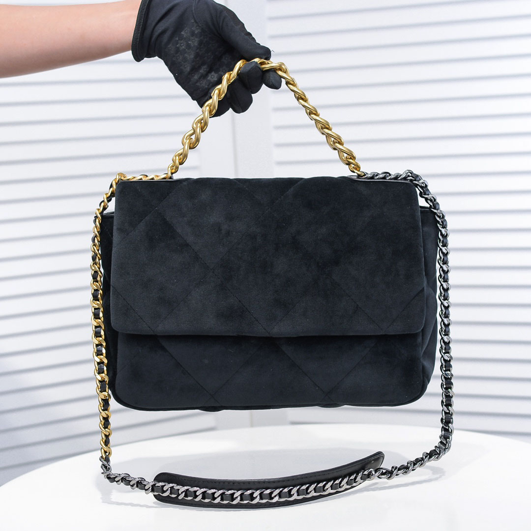 

French Medium Jumbo Maxi 19 Totes Bags Black Velvet Quilted Matelasse Gold Metal Hardware Turn Buckle Chain Crossbody Shoulder Multi Pochette F/W Designer Handbags, Box