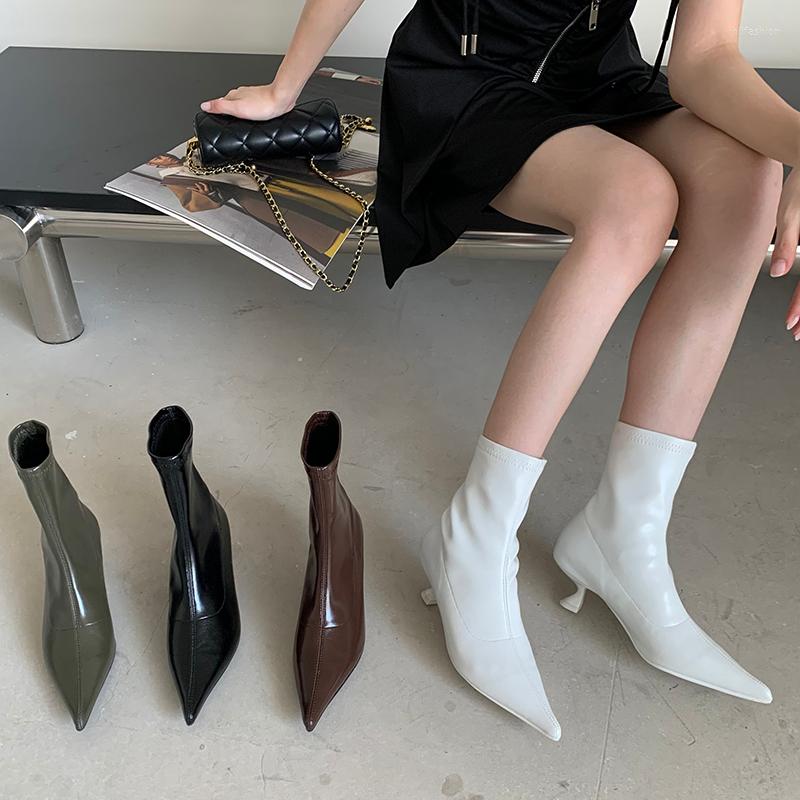 

Boots Green Black Brown White Women Ankle Fashion Pointed Toe Stretch Botas Thin Mid Heels 2022 Arrivals Pumps Size 35-39