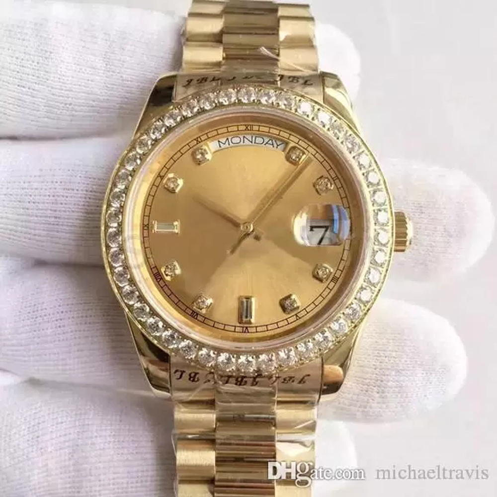 

Mens Watch Waterproof Sapphire Crystal 18K Gold Dial Diamond Inlay Automatic Mechanical Watch President Strap Original Folding Buckle, Make waterproof 50m