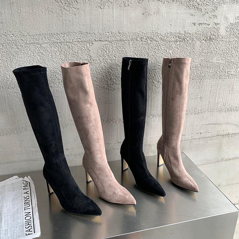 

Boots Pointed Toe Women Knee High Flock Sock Booties 2022 S Black Beige Side Zipper Stretch Shoes Woman Fashion Winter