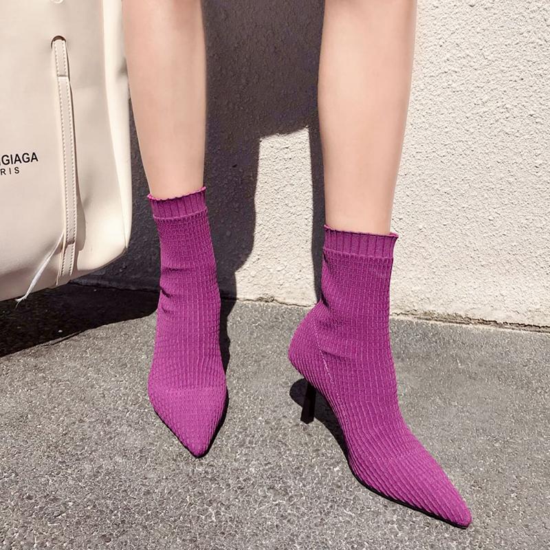 

Boots Pointed Toe Women Ankle Stretch Shoes Purple/Black Slip On Short Sock Booties Thin High Heels Fashion Party Pumps 2022