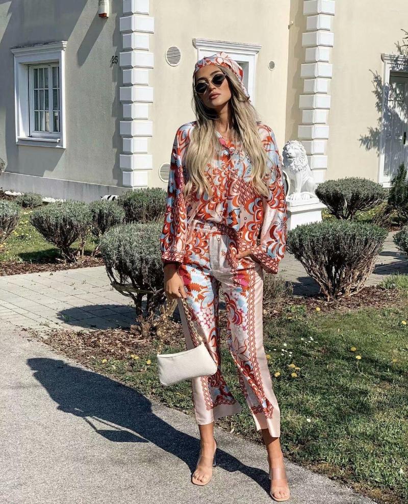 

Women's Pants Women 2022 Fashion Patchwork Floral Print Wide Leg Vintage High Elastic Waist Female Ankle Trousers Streetwear Woman