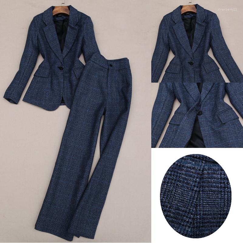 

Women' Two Piece Pants Elegant Faux Woolen Blazer And One Set Office Lady Formal Wear Plaid Suit Wide Leg Trousers, Picture shown