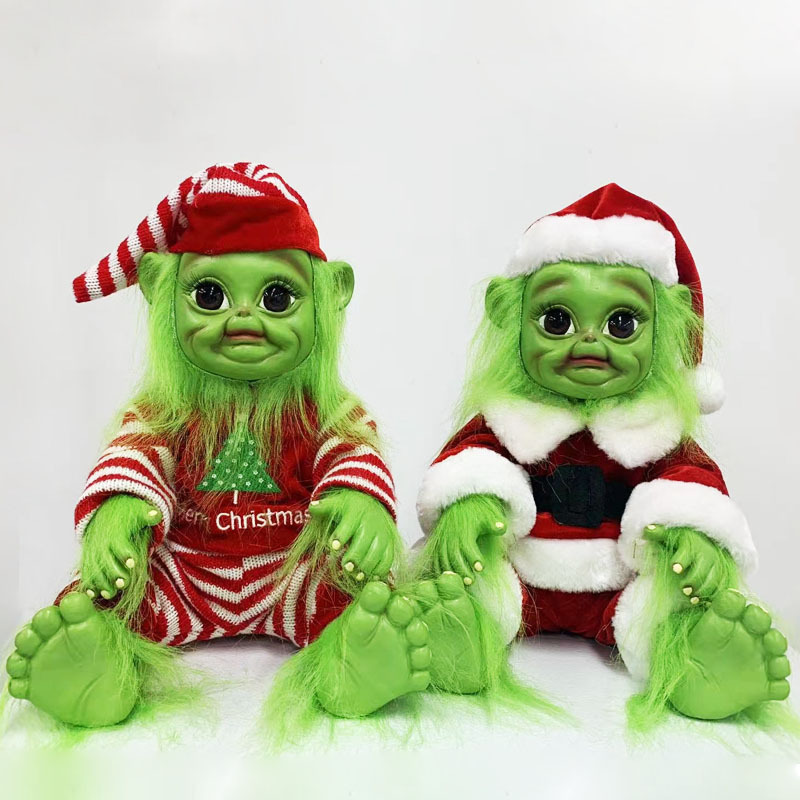 

Christmas Grinch Doll Green Fur Weird Plush Mask Head set Toy Gift Creative Doll Baby Latex Ornament
