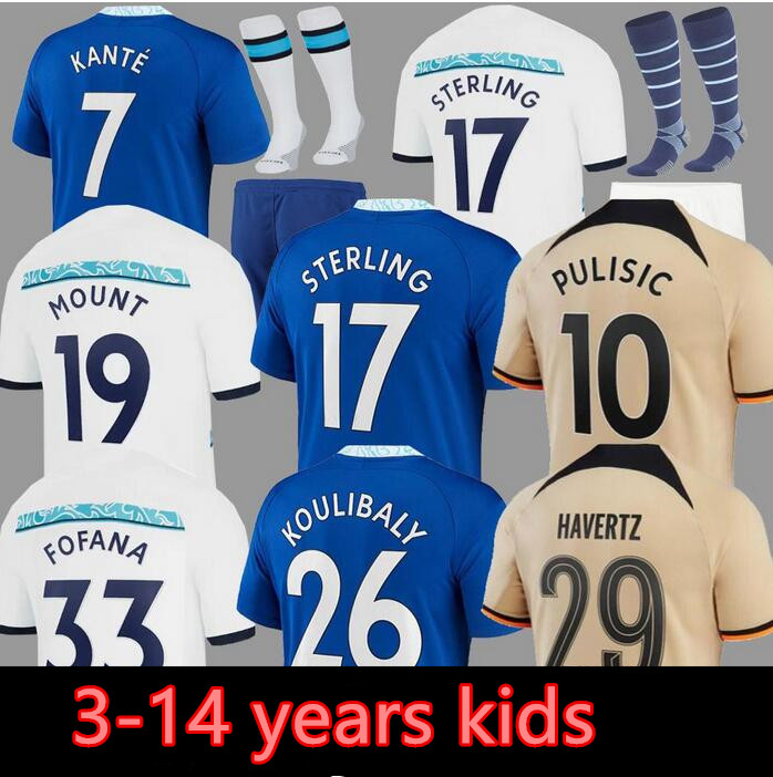 

22 23 kids CFC STERLING Soccer Jersey PULISIC MOUNT HAVERTZ STERLING JAMES 2022 2023 football shirt set 3-14 years uniform KOULIBALY KANTE