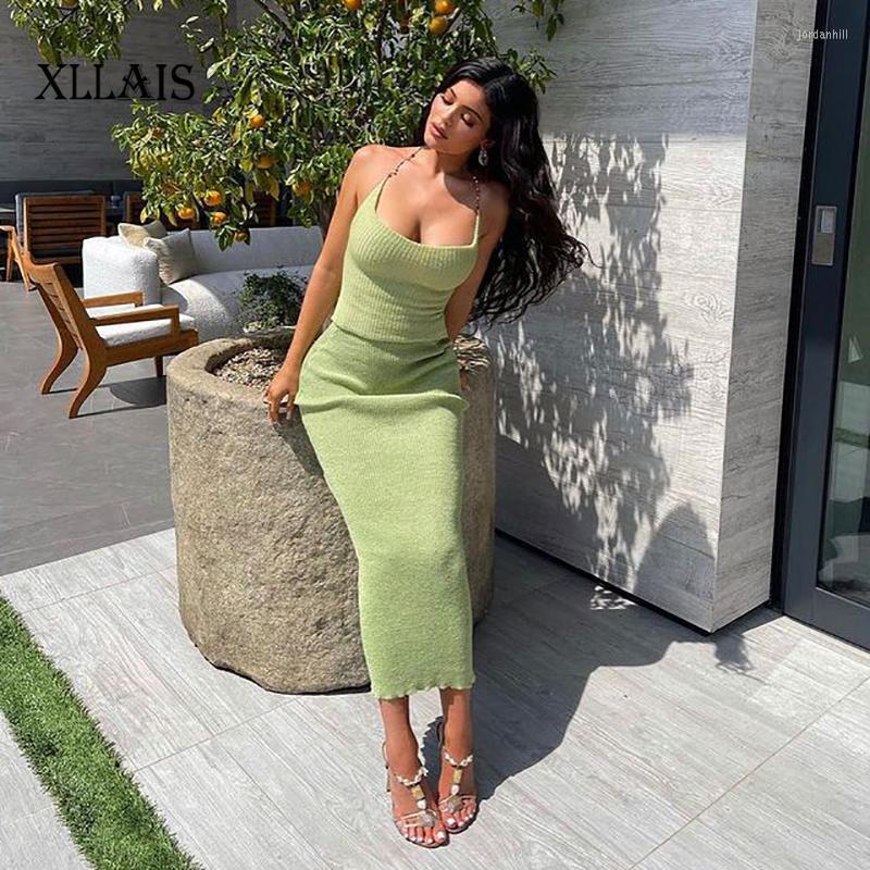 

Work Dresses XLLAIS Fall Ribbed Knitted Dress Sets Sexy Backless Crop Top And Skirt Suit Fashion Solid Bodycon 2 Piece Ourfits For Women, 6169-khaki
