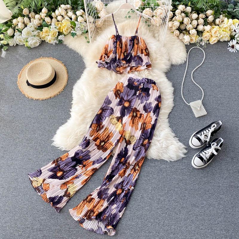 

Women's Tracksuits 2022 Summer Sets Vacation Style Printed Short Camisole Pleated High-waist Wide-leg Pants Two-piece Casual LL956, Black