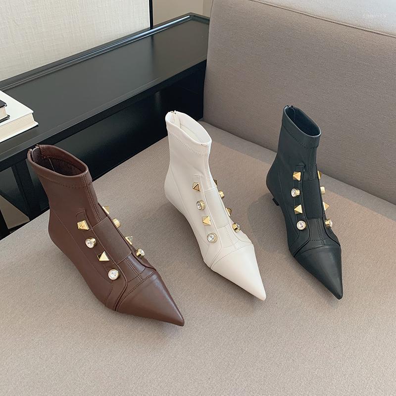 

Boots Pointed Toe Women Ankle 2022 Arrivals Rivet Design Black White Brown Thin Low Heels Fashion Sock Booties Crystal