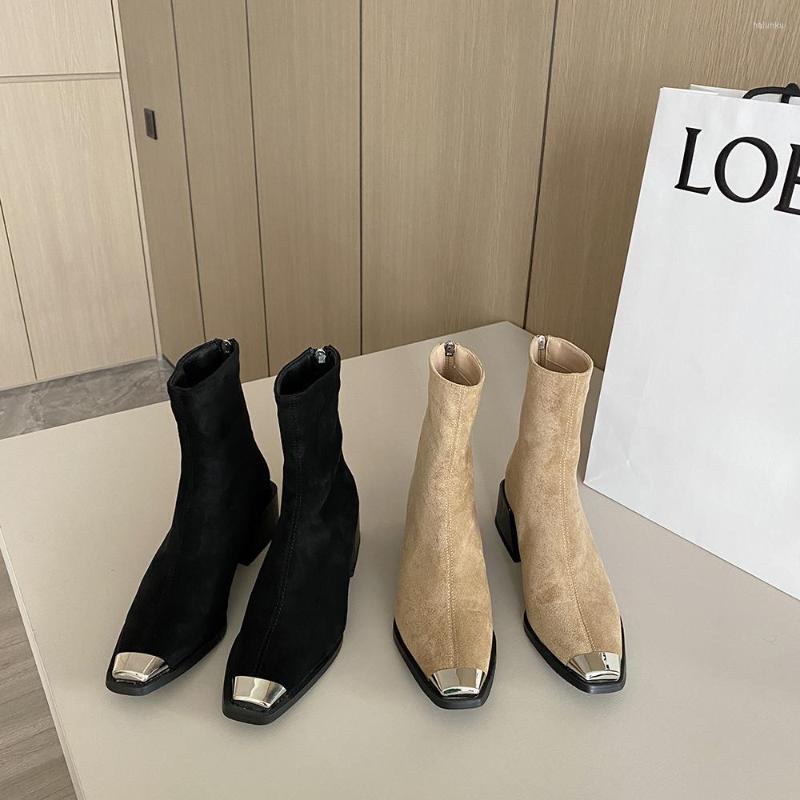 

Boots Flock Women Ankle High Quality Dress Shoes Square Toe Black Beige Back Zipper Sock Booties Thick Mid Heels Metal