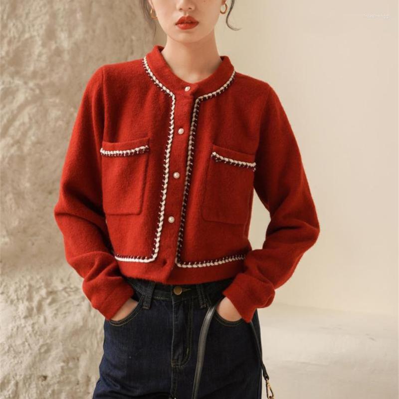

Women' Knits Women' & Tees Red French Style Retro Dual Pocket Sweater Jacket Women Autumn Winter Design Long Sleeve Casual Outerwear