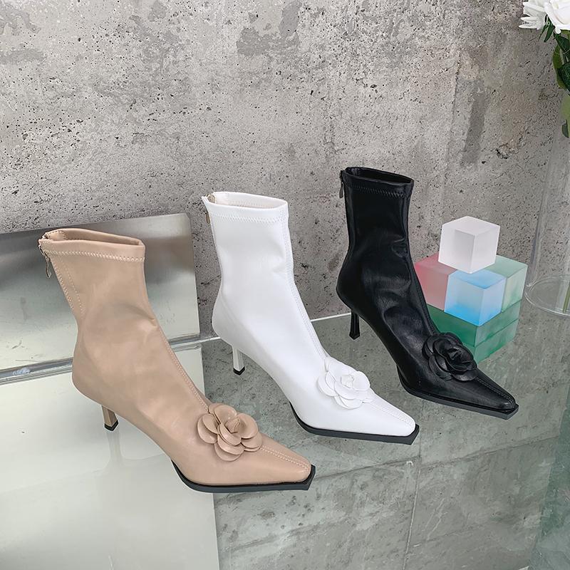 

Boots Black Beige White Pointed Toe Women Anlke Stretch Shoes Thin High Heels Flower Design Autumn Botas Zip