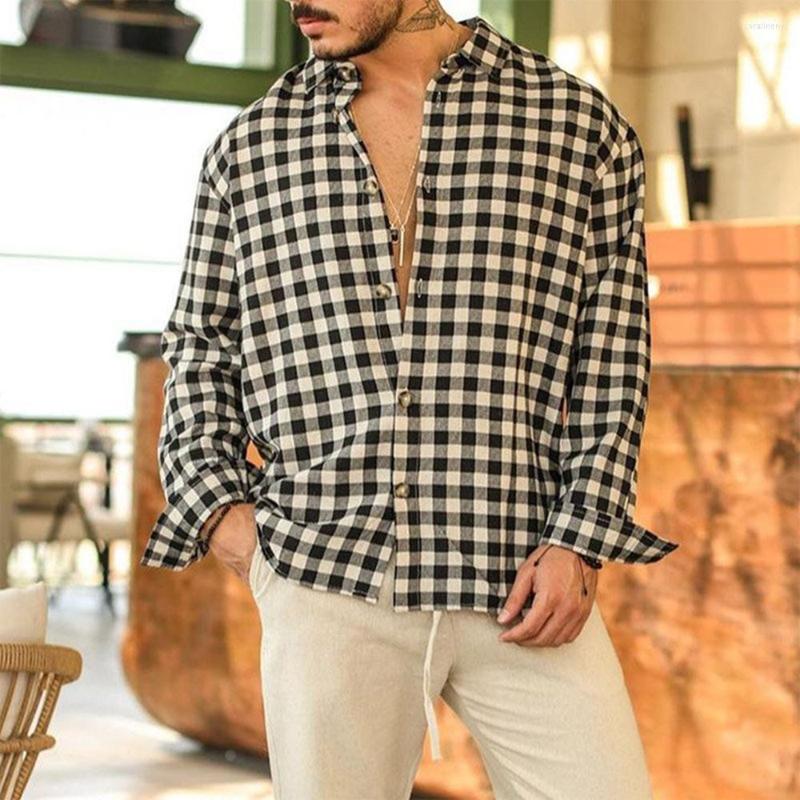 

Men' Casual Shirts Men Fashion Wild Retro Plaid Turn-Down Collar Long Sleeve Blouses Spring Autumn Loose Tops, Black