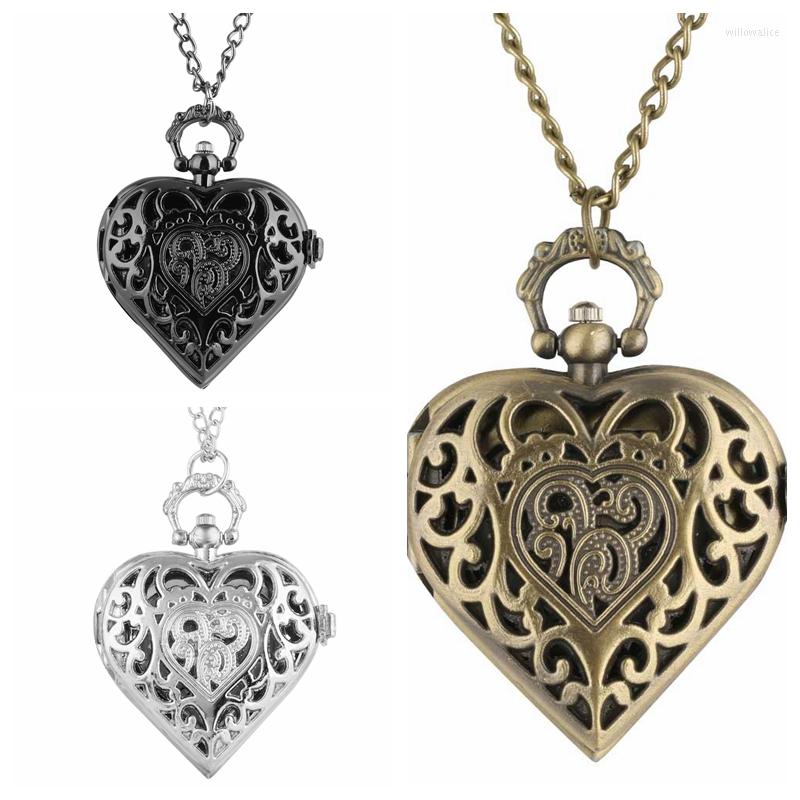 

Pocket Watches LOVE Heart Shape Quartz Watch Bronze/Silver/Black Necklace Pendant Chain Ladies Souvenir Gifts For Girls Women