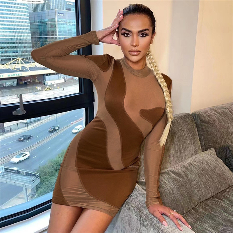 

Autumn Winter Sexy Women Party Club Dress Mesh Patchwork Mini Vestidos Pure Colour Bottom Dresses, Brown