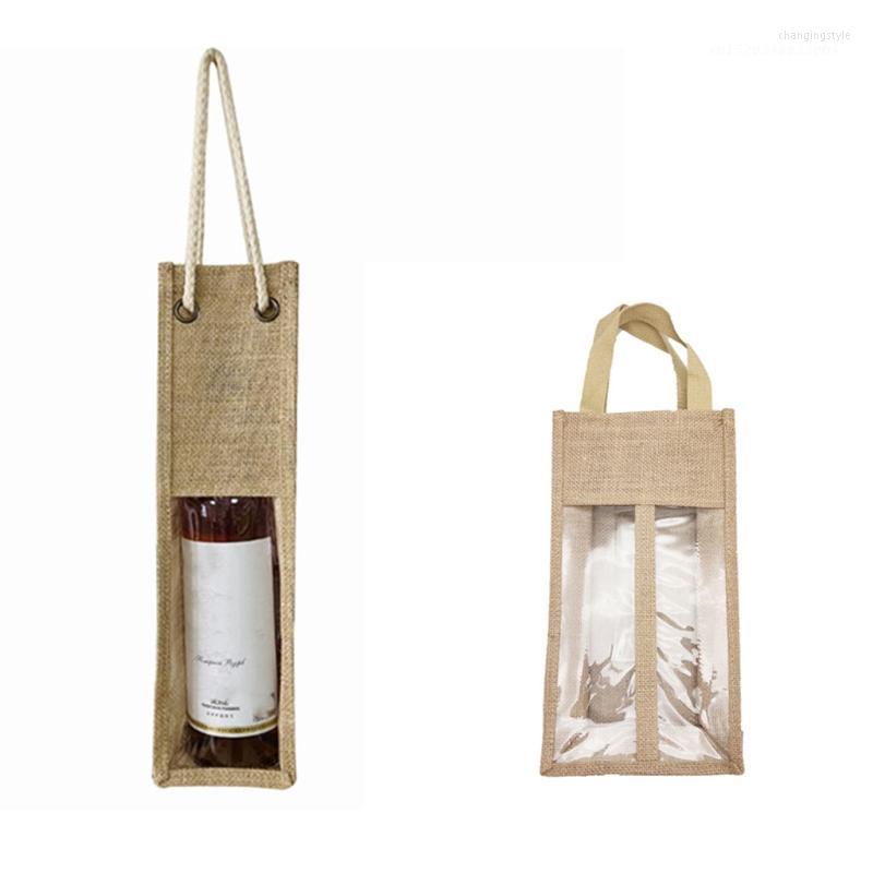 

Shopping Bags Jute Wine Carrier Reusable Burlap Tote Clear Window With Handles Gift Bag Travel Storage Organizer For Wedding Holiday