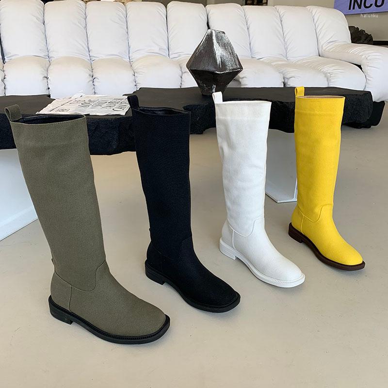 

Boots Round Toe Women Knee High Grey/Black/White/Yellow Winter Autumn Sock Knight Shoes Flat Low Heels Elegant Dress