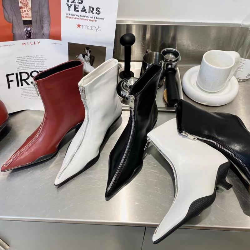 

Boots Pointed Toe Women Ankle Black White Red Front Zipper Short Chelsa Booties 2022 Arrivals Party Pumps Shoes Woman 35-39