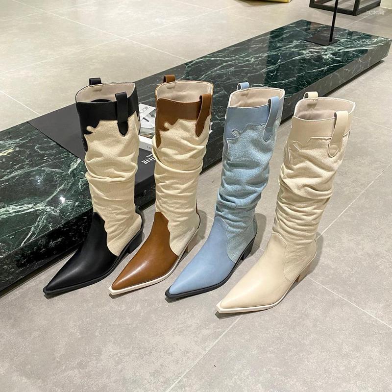 

Boots Pointed Toe Women Knee High Mixed Color Flat Mid Heels Western Booties Black Beige Brown Blue Slip On Winter Woman