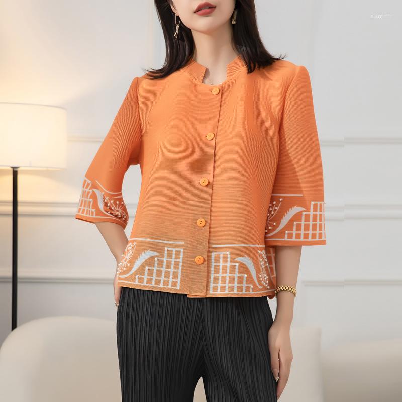 

Women's Jackets Miyake Pleated Print Short Coat 2022 Autumn Loose Thin Single Breasted Top Jacket, Yellow