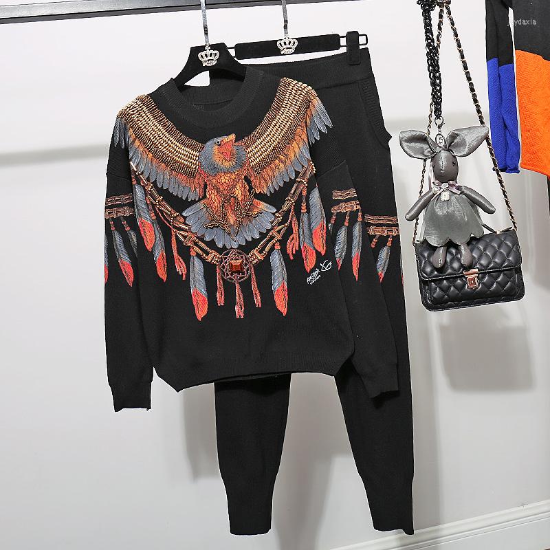

Women' Two Piece Pants Spring Autumn Fashion Knitted Set Women Streetwear Eagle Feather Sweater Casual Harem Female Outfits G377, Black