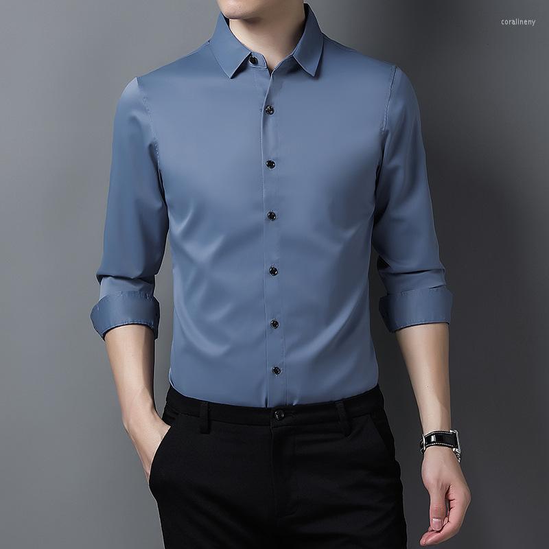 

Men's Dress Shirts High-end Luxury Men's Shirt Trend Simple Cardigan Imitation Mulberry Silk Solid Color Long-sleeved Lapel, White