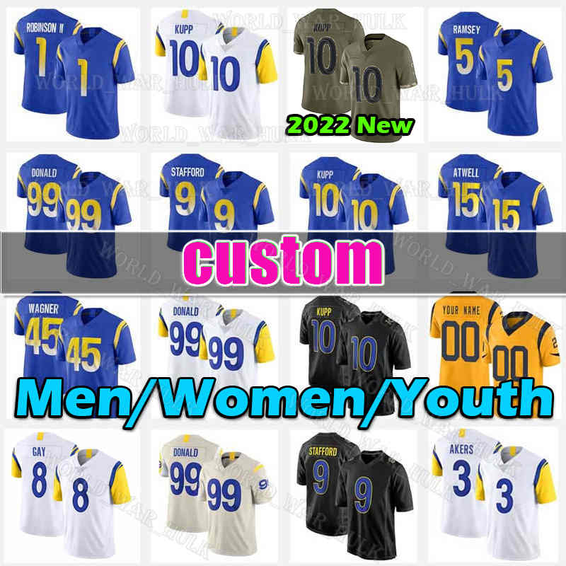 

10 Cooper Kupp Football Jersey 5 Jalen Ramsey Matthew Stafford Aaron Donald Cam Akers Bobby Wagner Ernest Jones Los Angeleses Rams Tyler Higbee Van Jefferson Matt Gay, Men custom jersey(l y)