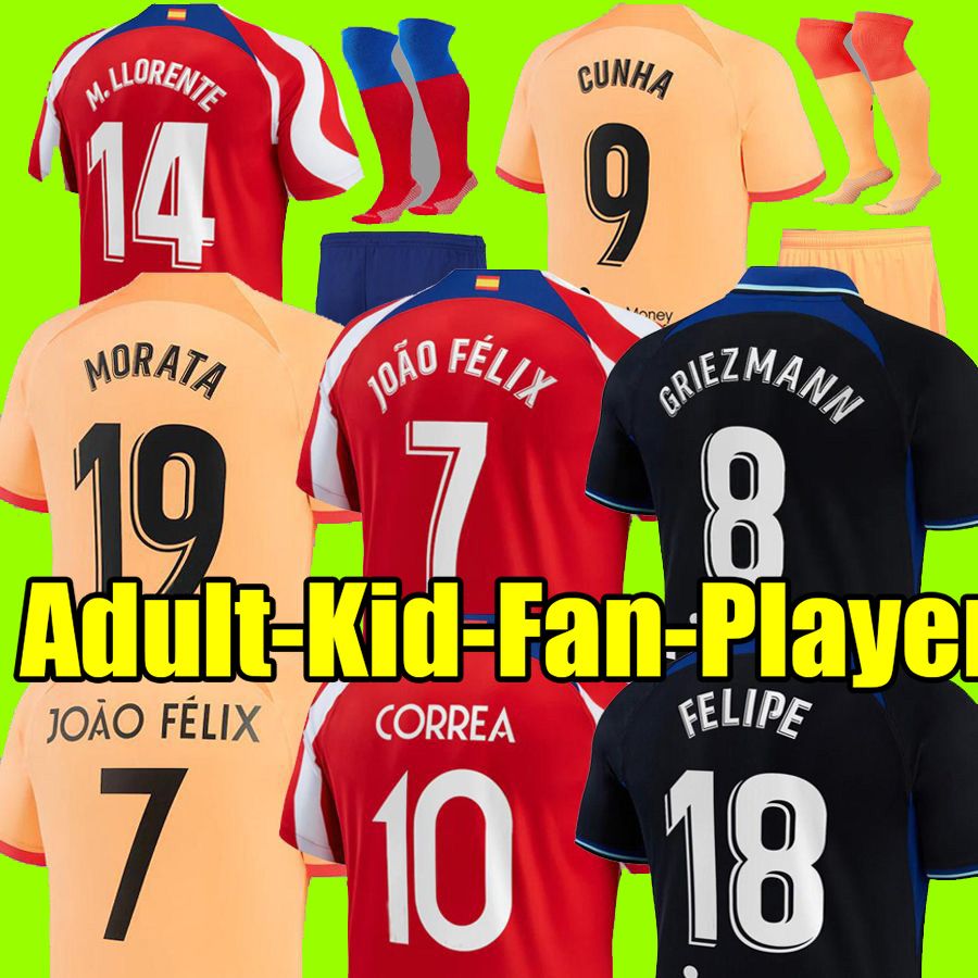 22 23 ATLETICO MADRIDS SOCCER JERSEYS Morata Griezmann Joao Felix 2021 2022 M.Llorente Correa Koke Camisetas de Futbol lemar Carrasco Men Kids Ki