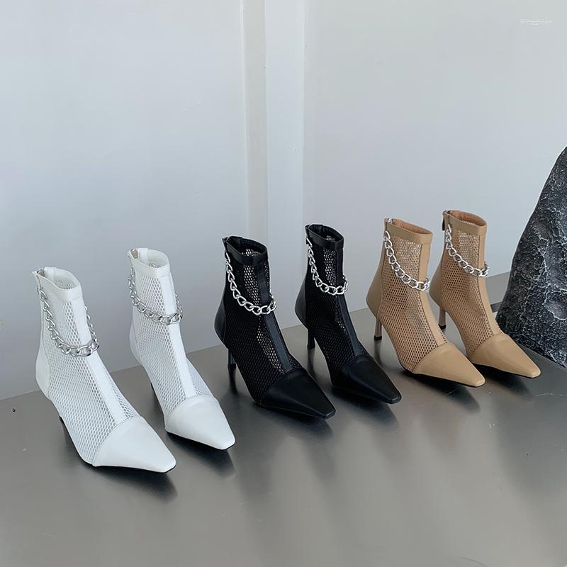 

Boots Fashion Women Sandals Summer Pointed Toe Solid Color Black Beige White Thin High Heels Metal Chain Back Zipper Short