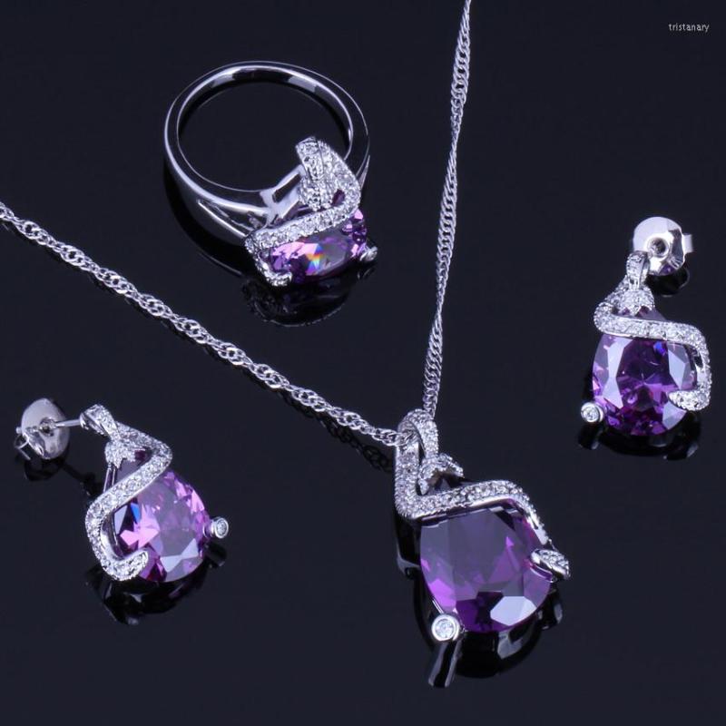 

Necklace Earrings Set Enchanting Purple Cubic Zirconia Silver Plated Pendant Chain Ring V0239, Picture shown