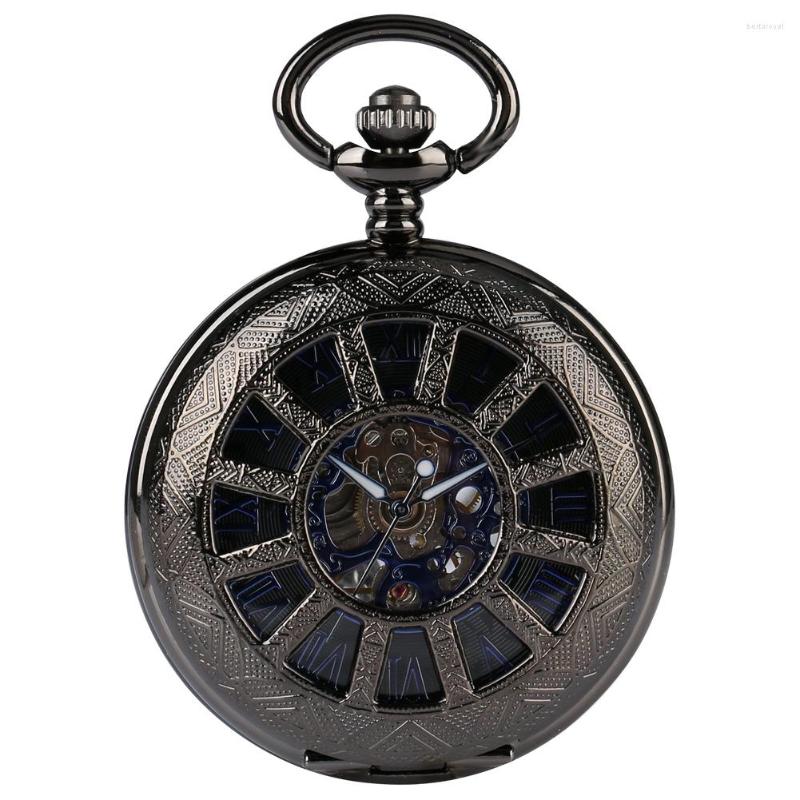 

Pocket Watches Retro Mechanical Watch Classic Hollow Skeleton Hand Wind Male Clock Steampunk Pendant FOB Chain Reloj De Bolsillo, Black