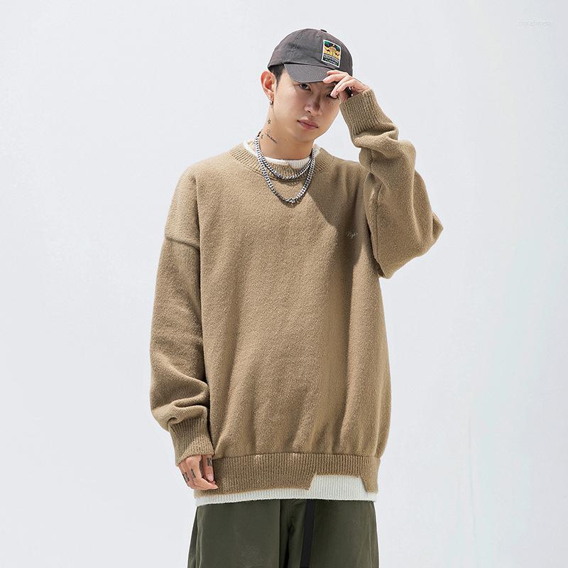

Men's Sweaters Retro Contrast Color Fake Two-piece Sweater For Men 2022 Autumn Loose Round Neck Knitted Pullovers Embroidery Y2K, Black