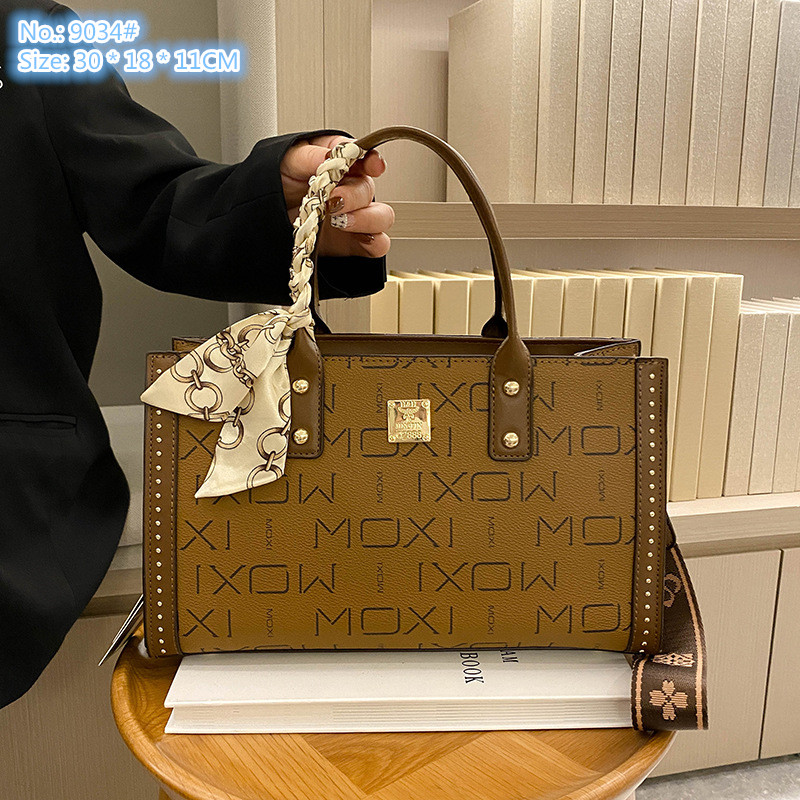 

Wholesale factory ladies shoulder bags 2 colors sweet little fresh ribbon handbag street trend rivet tote bag elegant atmosphere contrast leather handbags, Brown-9034#