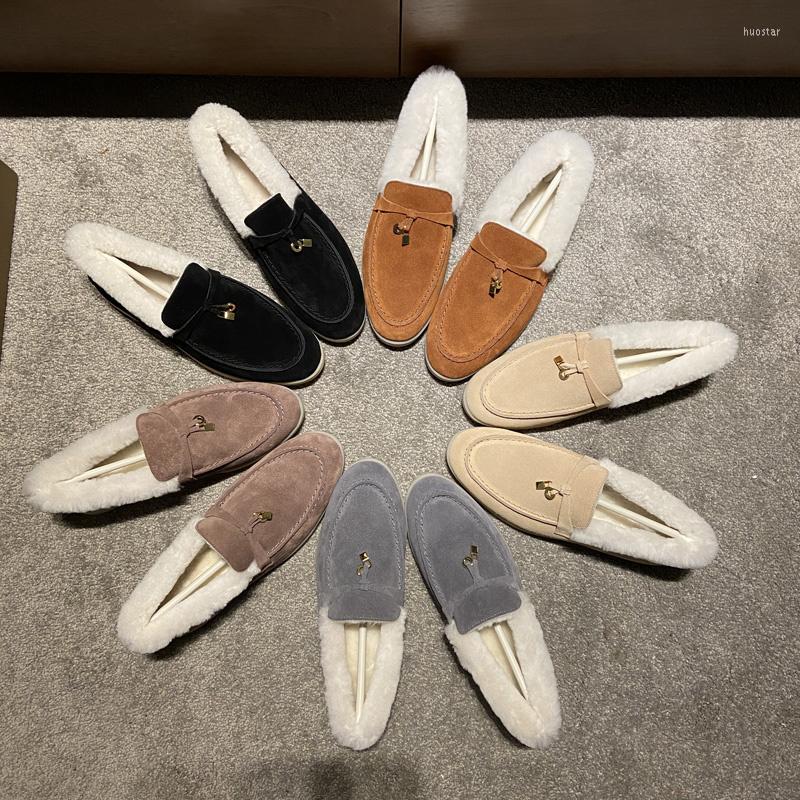 

2022 Winter Sandals LP Plush Shoes Women Loro Fur Buckles Designer Warm Loafers Open Walk Wool Casual Shoe Plus Size 41 42, Khaki wool shoes