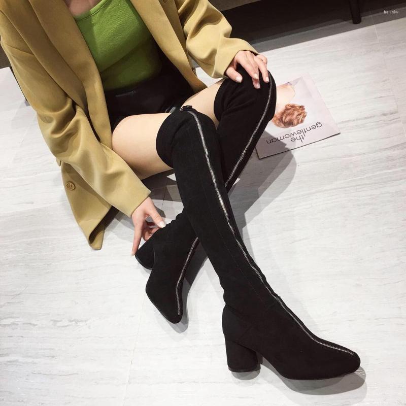 

Boots Round Toe Women Over The Knee High Black Zipper Thick Heels 2022 Arrivals Flock Winter Pumps Size 35-39