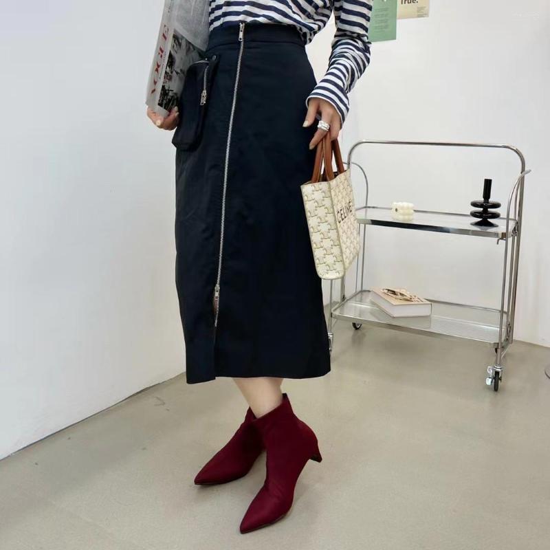 

Boots Pointed Toe Womwn Sock Booties Black Red Thick Mid Heels Stretch Shoes 2022 Arrivals Black/Wine Autumn Spring Bota