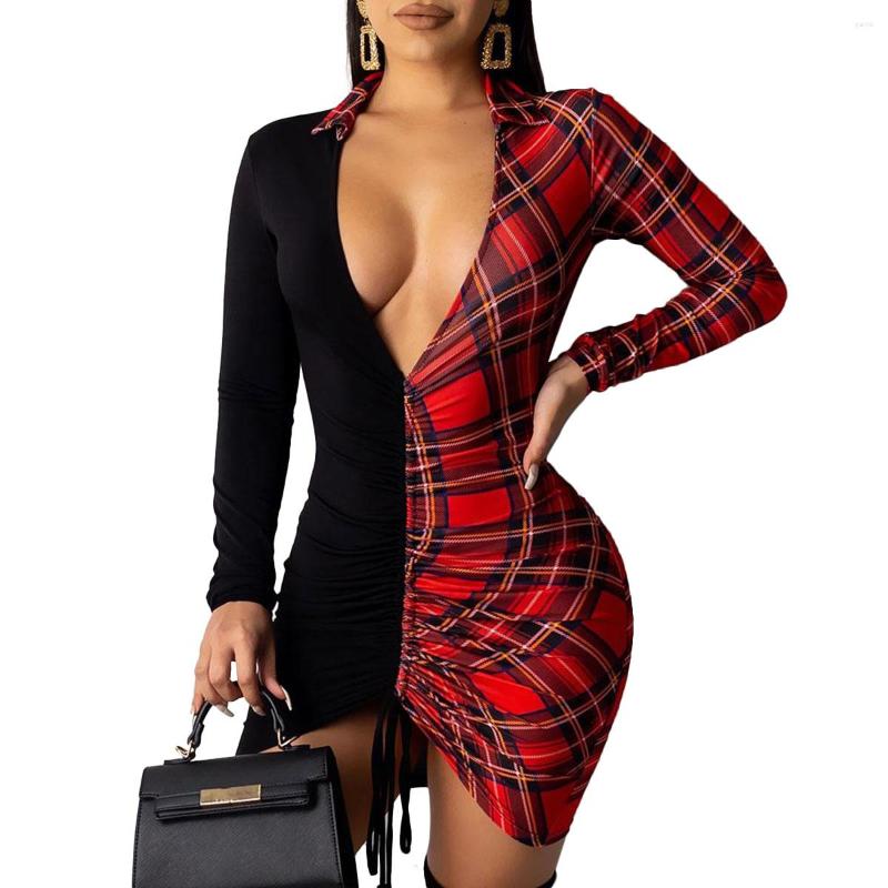 

Casual Dresses Women 2022 Mini Dress Deep V-Neck Full Sleeve Sexy Club Night Party Plaid Patchwork Fashion Bandage, Black