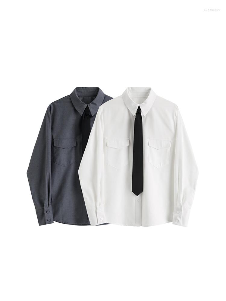 

Women's Blouses Women 2022 Autumn Winter Over-shirt Contrast Color Baggy Pleated Long Sleeve Oversize Shirt Preppy Style Chic, Dark grey