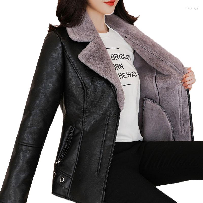 

Women' Leather 2022 Ladies Winter Coat Thick Warm Lamb Hair PU Short Zippers Women' Jacket Outerwear Manteau Femme Hiver, Gray