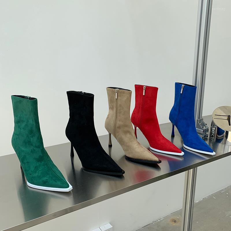 

Boots Flock Women Ankle Stretch Shoes Thin High Heels Party Pumps Green/Black/Khaki/Red/Blue Side Zipper Winter Autumn 39