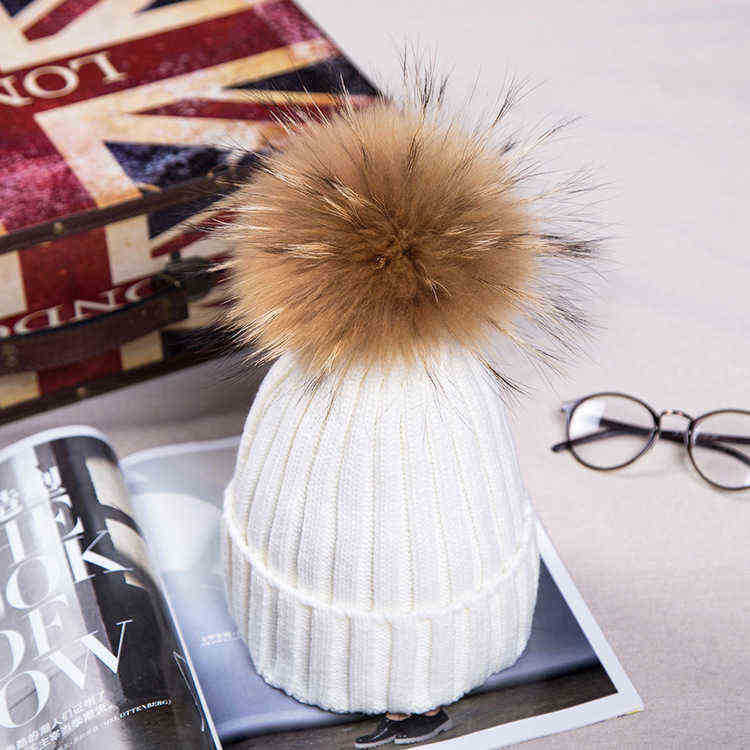 

brand winter hat for women beanies cap real Raccoon fur pompom s bonnet femme girls casual, Red