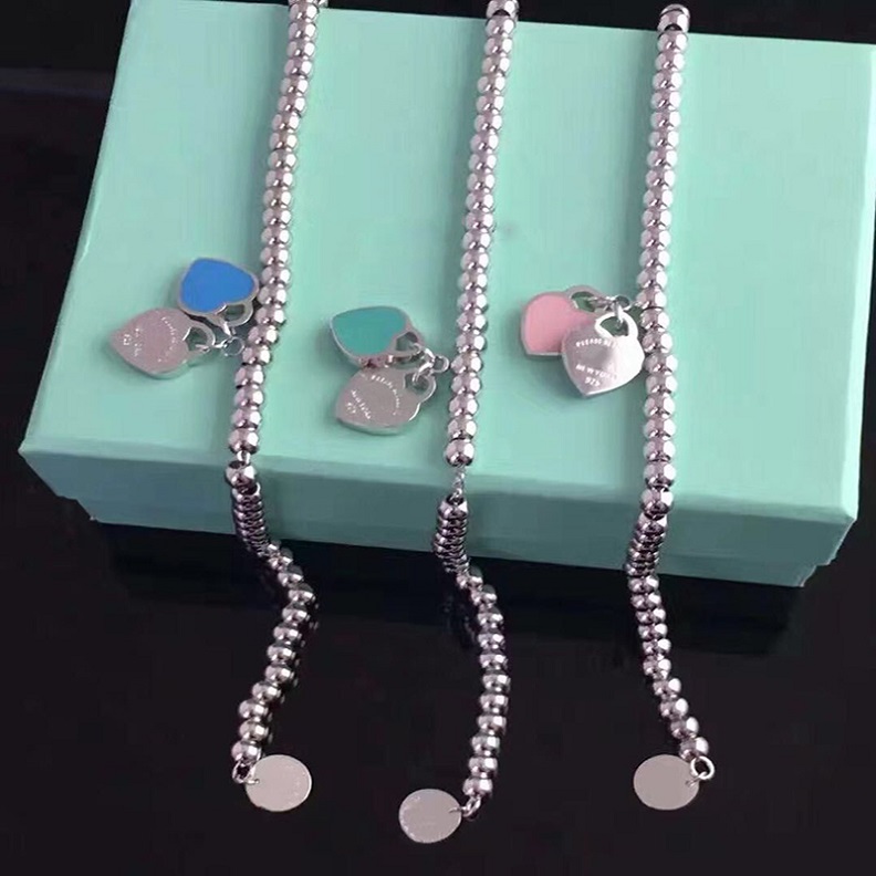 

925 Silver Vintage LOVE Couple Beaded Strands Bracelet double Hearts charm 4MM Ball chain Bracelets For Women Blue Classic bracelet Desinger TIf wedding Jewelry