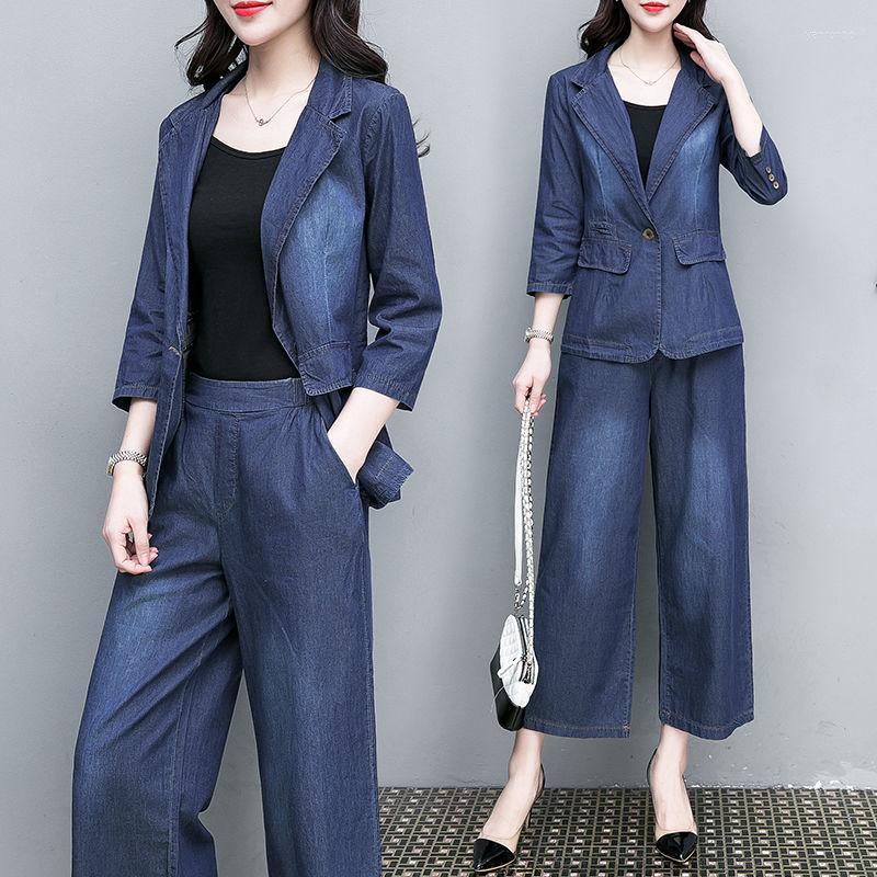 

Women' Two Piece Pants Women' Blue Denim Suit Loose Women Cowboy 2 Set Jacket And Suits Casual Jeans Sets Outfits Large Size 4XL