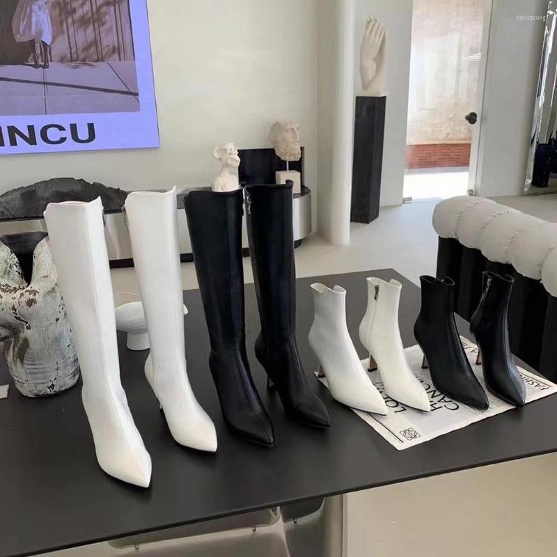 

Boots Pointed Toe Women Ankle Chlesea Botas Black White Short/Long Knee Booties Thin High Heels Side Zipper Winer Party Pumps, Black1