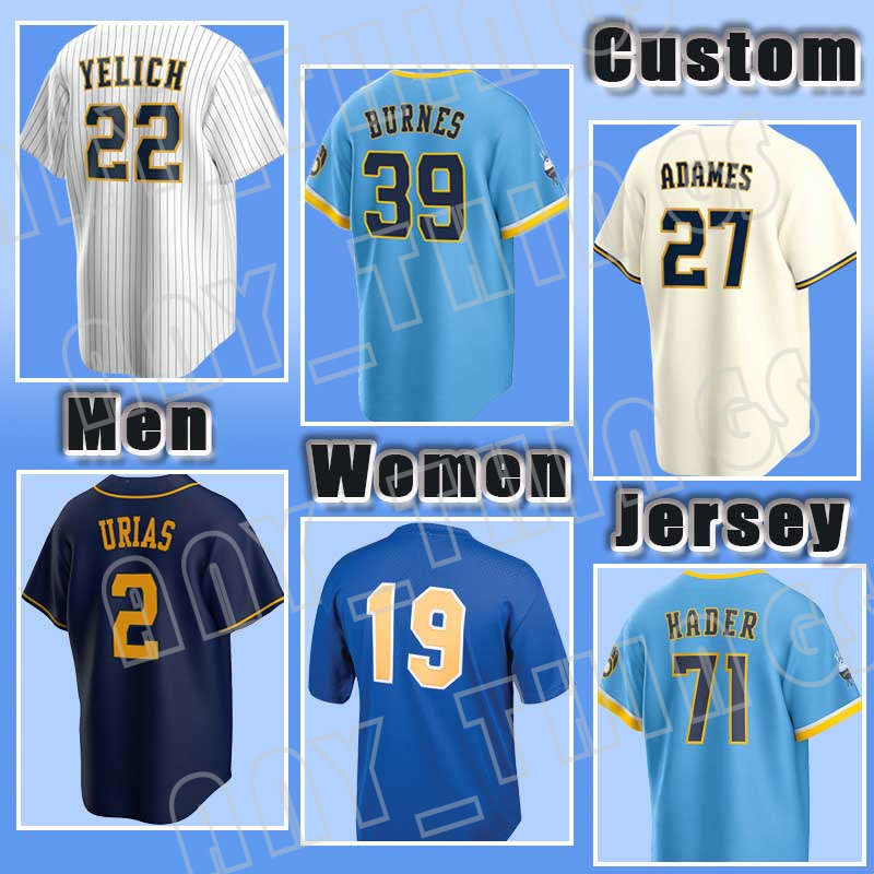 

22 Christian Yelich Baseball 27 Willy Adames Jerseys Corbin Burnes Josh Hader Robin Yount Rowdy Tellez Luis Urias Brewers Hunter Renfroe Lorenzo Cain Tyrone Taylor, Men custom cool base(niangjiu)