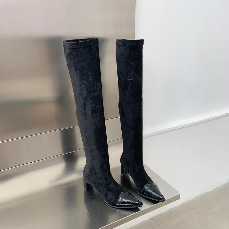 

Boots Flock Women Sock Pointed Toe Black Slip On Thick High Heels Stretch Shoes Woman Size 35-39 Party Pumps Dress