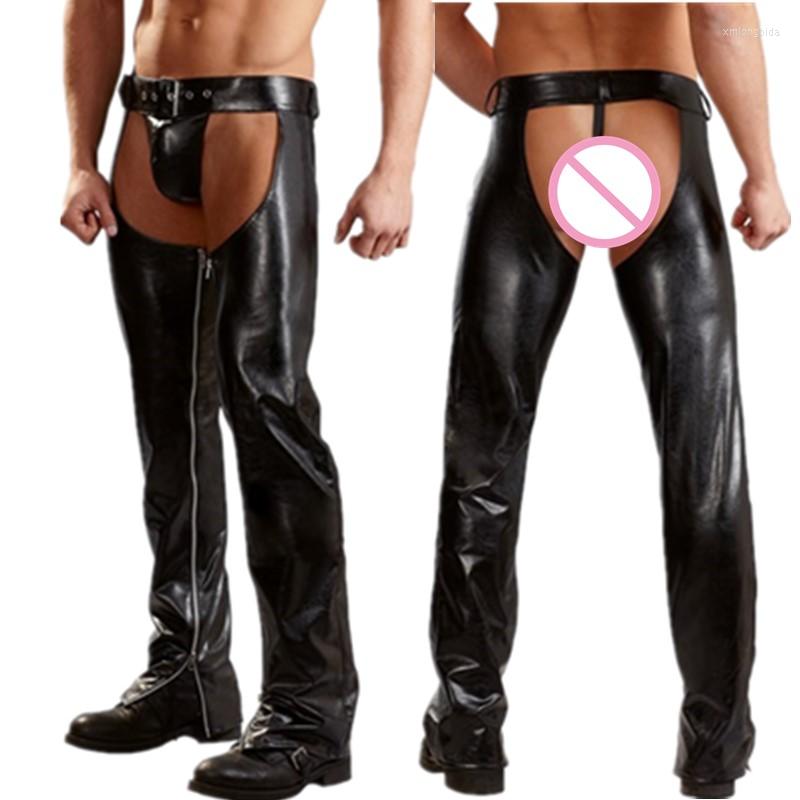 Men&#039;s Pants Sexy Mens PU Leather Long Open Crotch Trousers Gothic Punk Dance Wear Wet Look Jogger Male Casual Gay Clubwear-image-813995378