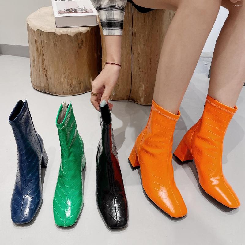 

Boots Round Toe Women Ankle Black Blue Green Orange Fashion Winter Botas Thick High Heels Sanke Printed Elegant Party Pump