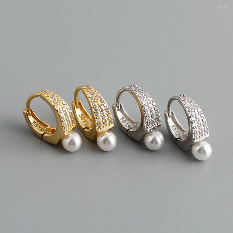 

Hoop Earrings 925 Sterling Silver CZ Faux Pearl Huggie F118